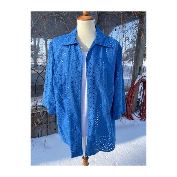 Vintage 90s Alia Blazer Shacket Blue Eyelet Lace Sheer 3/4 Sleeve Sz 16 - Picture 2 of 9
